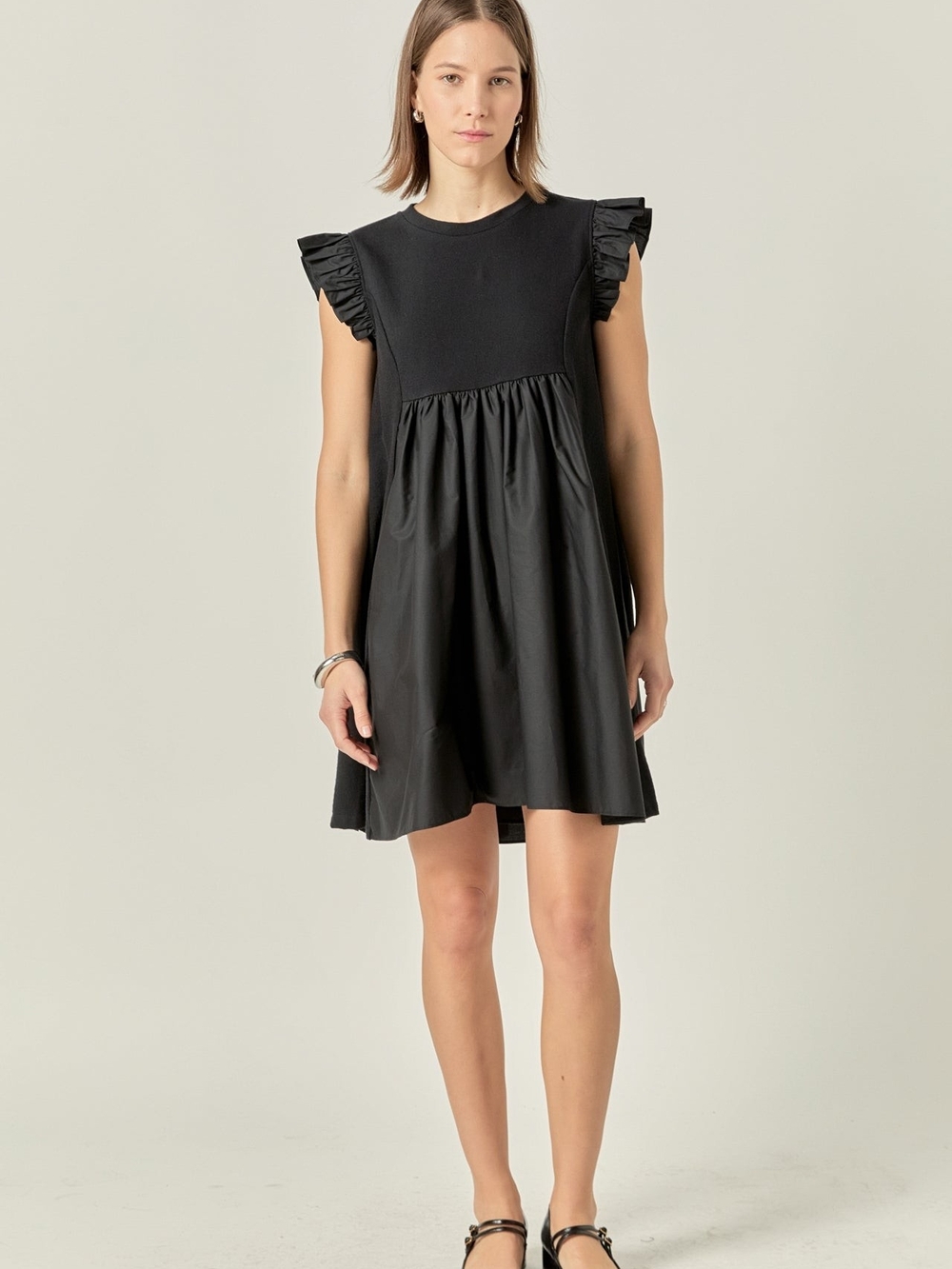 MIXED MEDIA RUFFLE SLEEVE MINI DRESS Size L